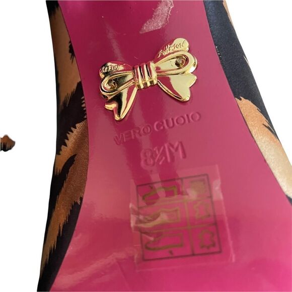 BETSY JOHNSON Leopard Print Satin Peep Toe High Heel Shoes Bow 8.5 - Picture 13 of 13